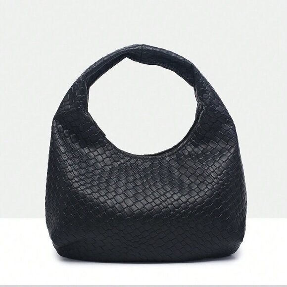 Black Casual Women's Leisure Faux Woven Leather Shoulder Bag - Picture 2 of 6